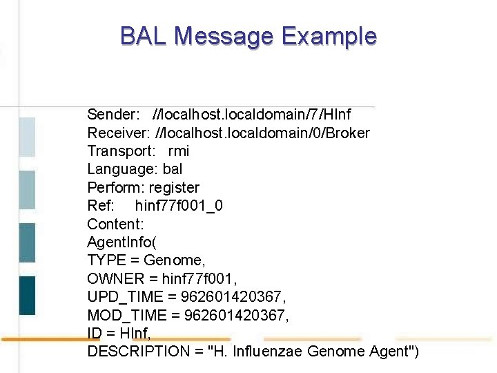 BAL Message Example Sender: //localhost. localdomain/7/HInf Receiver: //localhost. localdomain/0/Broker Transport: rmi Language: bal Perform: