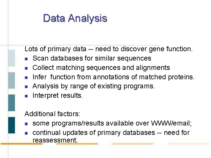 Data Analysis Lots of primary data -- need to discover gene function. n Scan