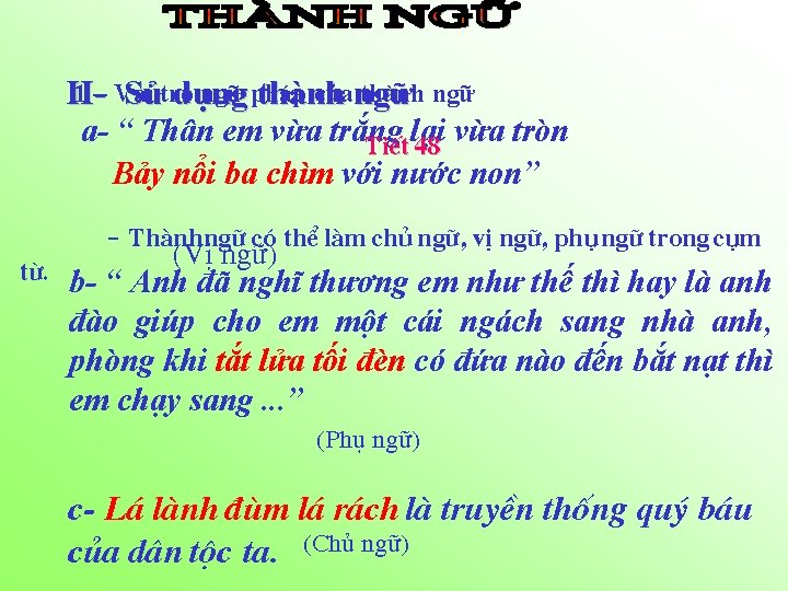 1 – Vai ngữ pháp củangữ thành ngữ IISửtrò dụng thành a- “ Thân