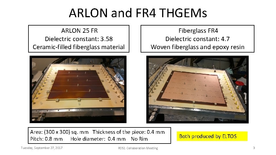 ARLON and FR 4 THGEMs ARLON 25 FR Dielectric constant: 3. 58 Ceramic-filled fiberglass