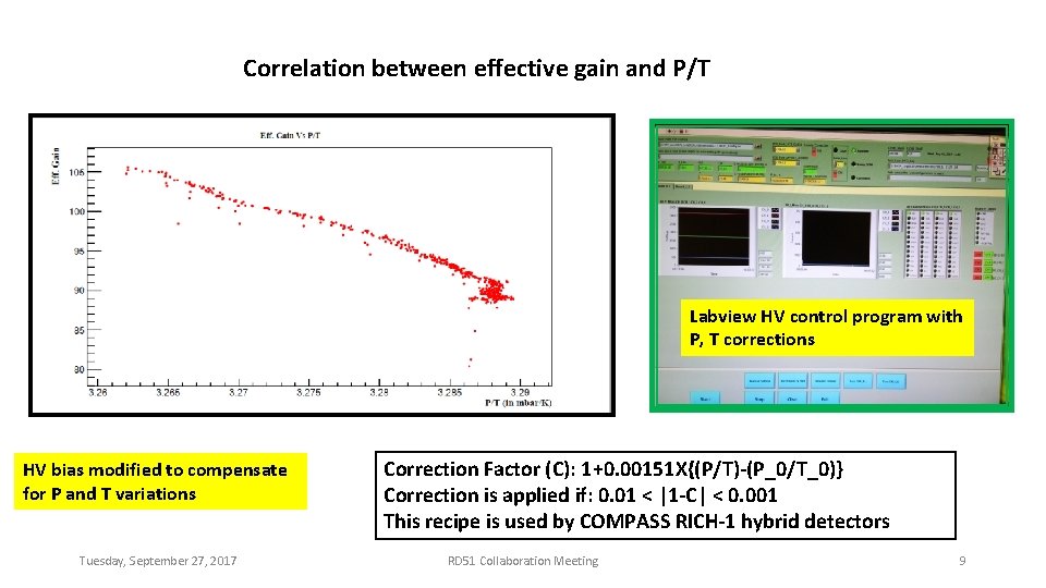 Correlation between effective gain and P/T Labview HV control program with P, T corrections