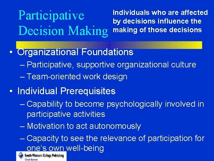 Participative Decision Making Individuals who are affected by decisions influence the making of those