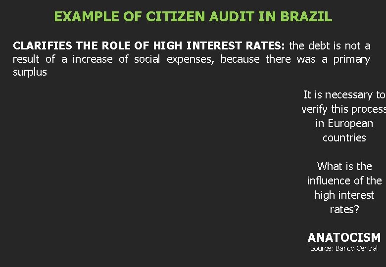 EXAMPLE OF CITIZEN AUDIT IN BRAZIL CLARIFIES THE ROLE OF HIGH INTEREST RATES: the