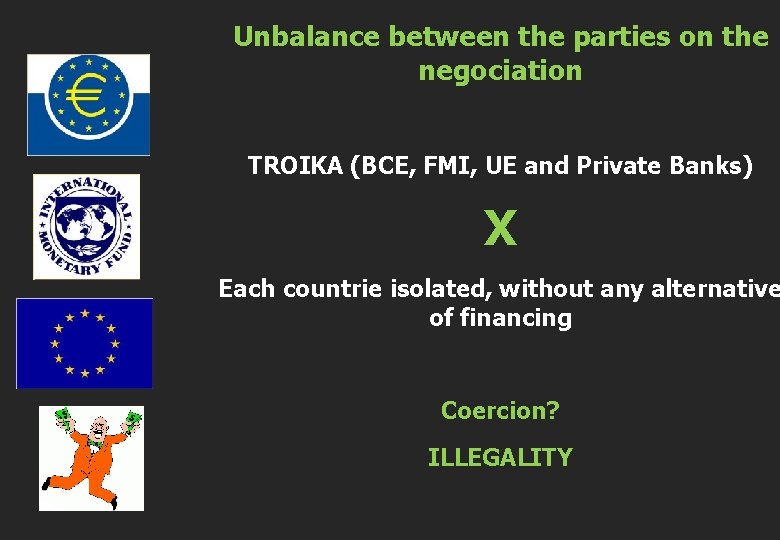 Unbalance between the parties on the negociation TROIKA (BCE, FMI, UE and Private Banks)