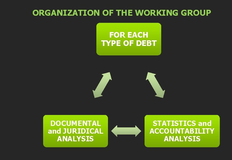 ORGANIZATION OF THE WORKING GROUP FOR EACH TYPE OF DEBT DOCUMENTAL and JURIDICAL ANALYSIS