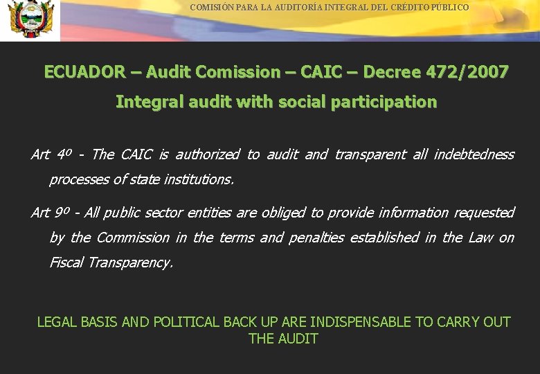 COMISIÓN PARA LA AUDITORÍA INTEGRAL DEL CRÉDITO PÚBLICO ECUADOR – Audit Comission – CAIC