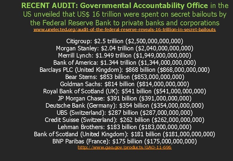 RECENT AUDIT: Governmental Accountability Office in the US unveiled that US$ 16 trillion were