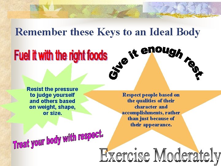 Remember these Keys to an Ideal Body Resist the pressure to judge yourself and