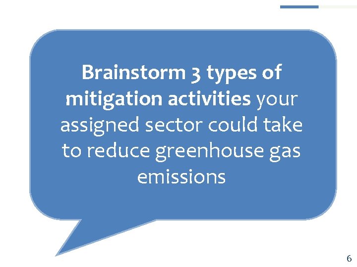 Brainstorm 3 types of mitigation activities your assigned sector could take to reduce greenhouse