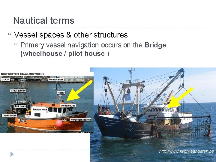 Nautical terms Vessel spaces & other structures Primary vessel navigation occurs on the Bridge