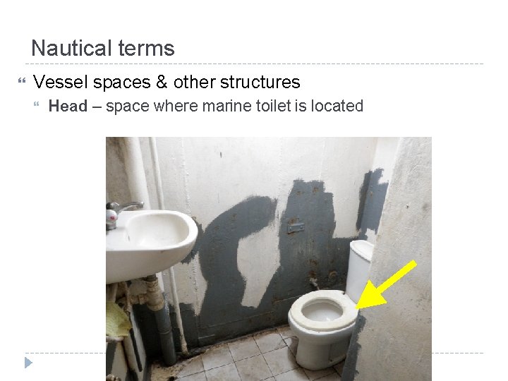 Nautical terms Vessel spaces & other structures Head – space where marine toilet is