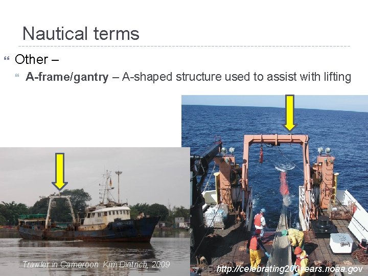 Nautical terms Other – A-frame/gantry – A-shaped structure used to assist with lifting Trawler
