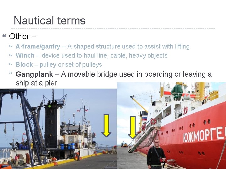 Nautical terms Other – A-frame/gantry – A-shaped structure used to assist with lifting Winch