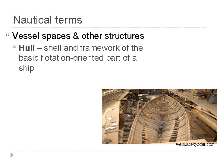 Nautical terms Vessel spaces & other structures Hull – shell and framework of the