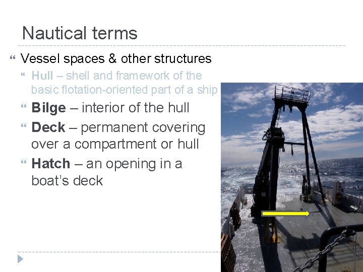 Nautical terms Vessel spaces & other structures Hull – shell and framework of the