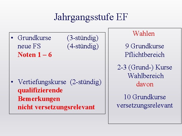 Jahrgangsstufe EF • Grundkurse neue FS Noten 1 – 6 (3 -stündig) (4 -stündig)