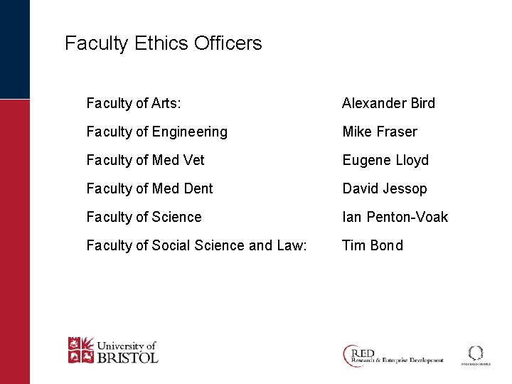 Faculty Ethics Officers Faculty of Arts: Alexander Bird Faculty of Engineering Mike Fraser Faculty