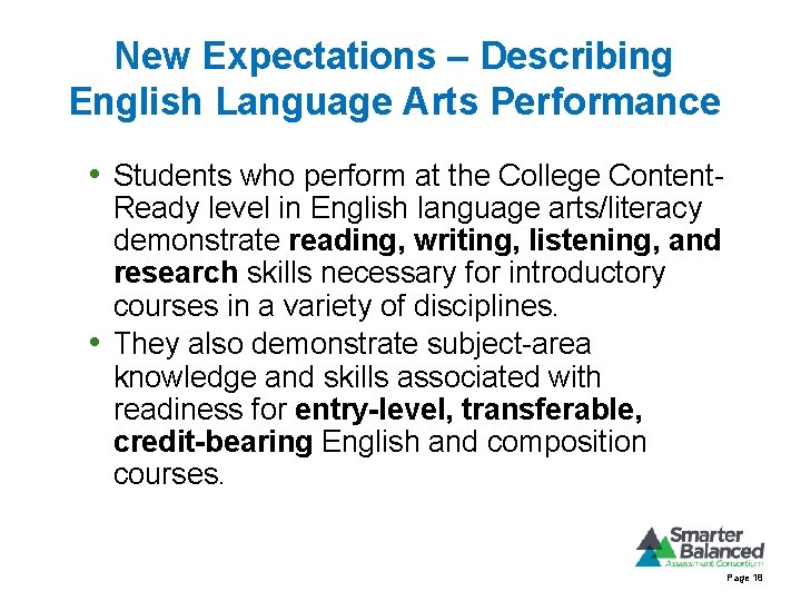 New Expectations – Describing English Language Arts Performance • Students who perform at the