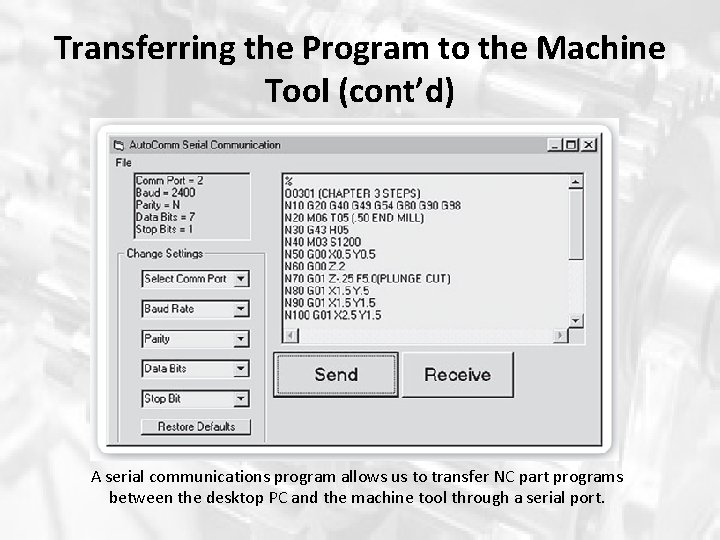 Transferring the Program to the Machine Tool (cont’d) A serial communications program allows us Transferring the Program to the Machine Tool (cont’d) A serial communications program allows us