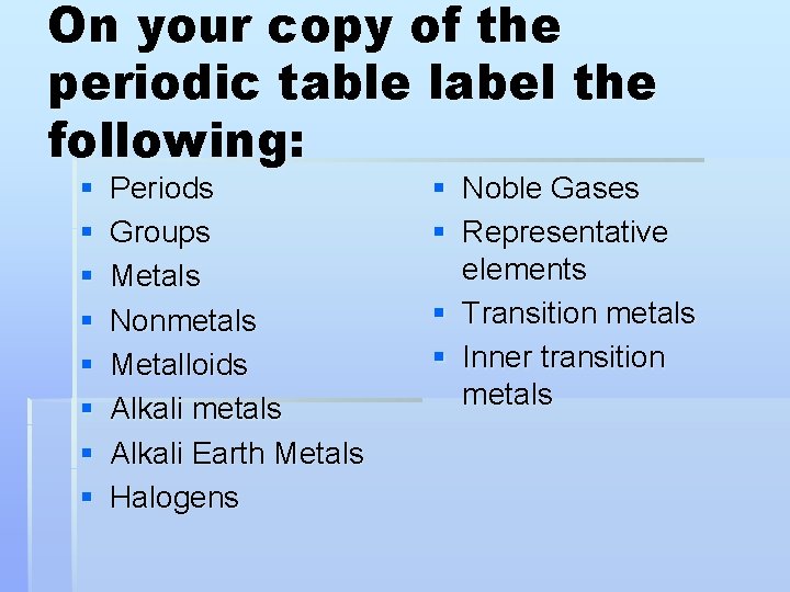 On your copy of the periodic table label the following: § § § §