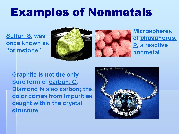 Examples of Nonmetals Sulfur, S, was once known as “brimstone” Graphite is not the