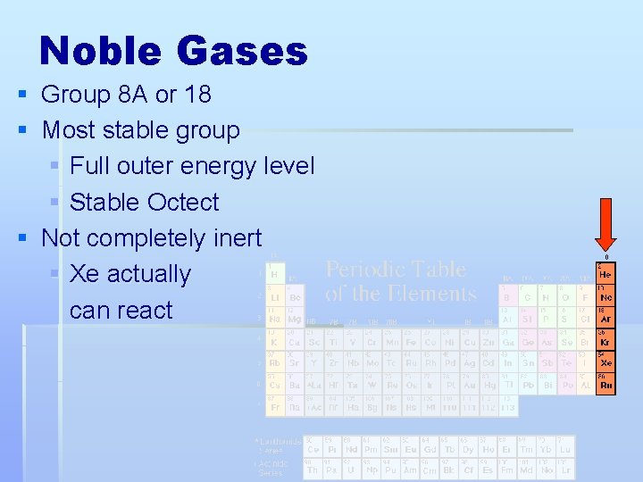 Noble Gases § Group 8 A or 18 § Most stable group § Full