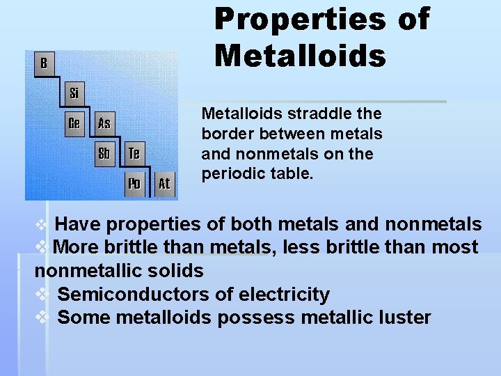 Properties of Metalloids straddle the border between metals and nonmetals on the periodic table.