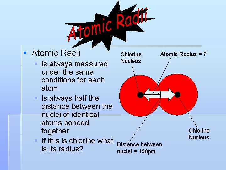 § Atomic Radii § Is always measured under the same conditions for each atom.