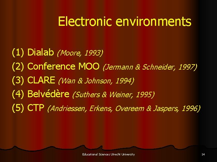 Electronic environments (1) Dialab (Moore, 1993) (2) Conference MOO (Jermann & Schneider, 1997) (3)