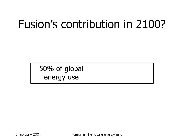 Fusion’s contribution in 2100? 50% of global energy use 2 february 2004 Fusion in