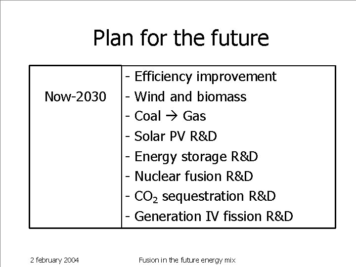 Plan for the future Now-2030 2 february 2004 - Efficiency improvement Wind and biomass