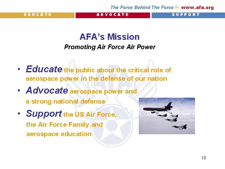 The Force Behind The Force P www. afa. org EDUCATE ADVOCATE SUPPORT AFA’s Mission