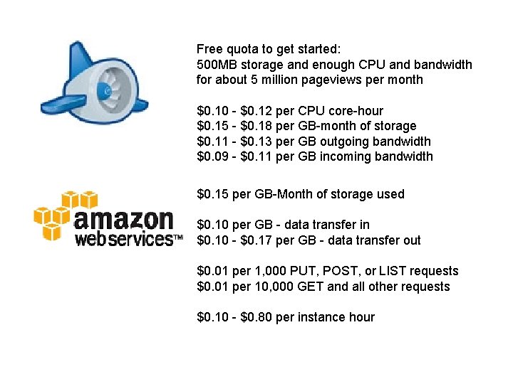 Free quota to get started: 500 MB storage and enough CPU and bandwidth for