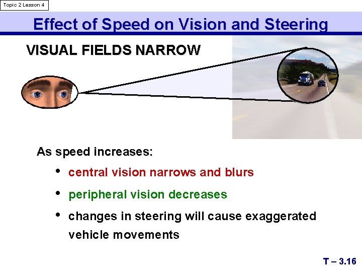 Topic 2 Lesson 4 Effect of Speed on Vision and Steering VISUAL FIELDS NARROW