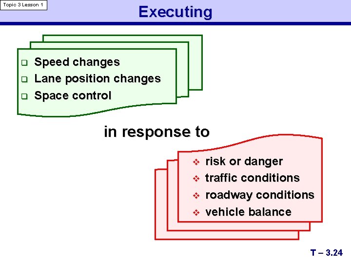 Topic 3 Lesson 1 q q q Executing Speed changes Lane position changes Space