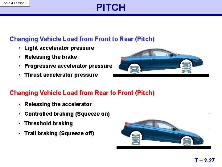 Topic 4 Lesson 2 PITCH Changing Vehicle Load from Front to Rear (Pitch) •