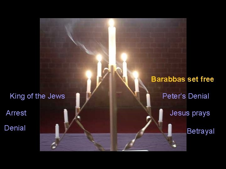 Barabbas set free King of the Jews Arrest Denial Peter’s Denial Jesus prays Betrayal