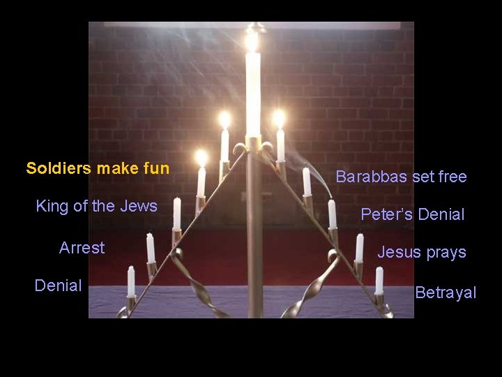 Soldiers make fun King of the Jews Arrest Denial Barabbas set free Peter’s Denial