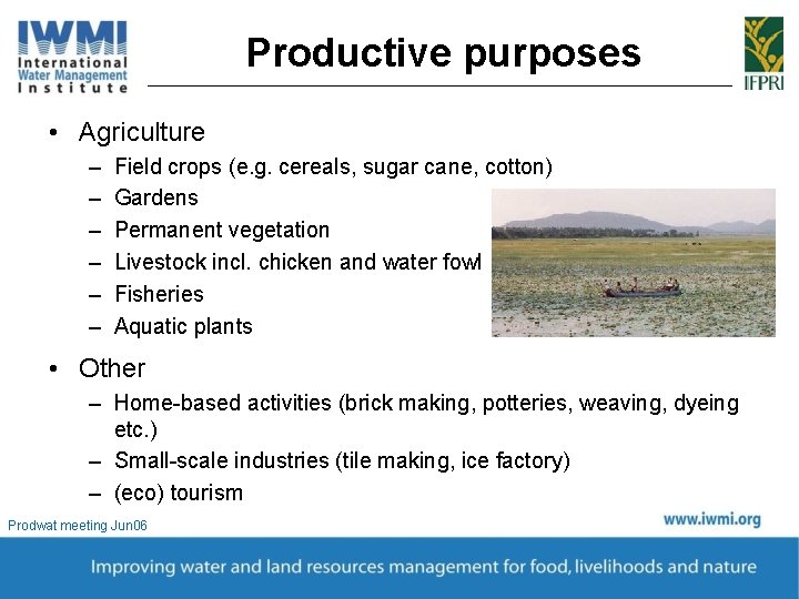 Productive purposes • Agriculture – – – Field crops (e. g. cereals, sugar cane,