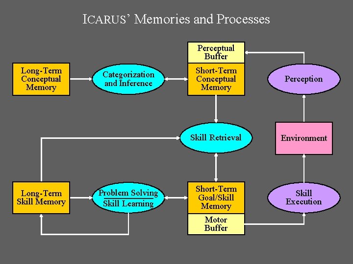 ICARUS’ Memories and Processes Perceptual Buffer Long-Term Conceptual Memory Long-Term Skill Memory Categorization and ICARUS’ Memories and Processes Perceptual Buffer Long-Term Conceptual Memory Long-Term Skill Memory Categorization and