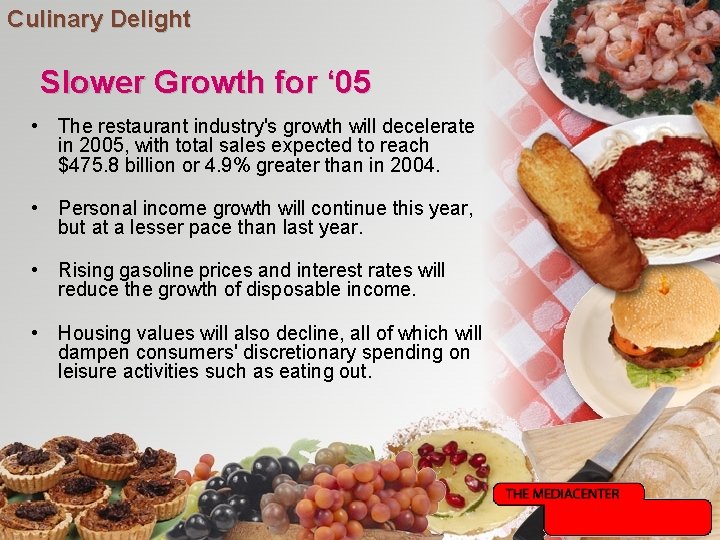 Culinary Delight Slower Growth for ‘ 05 • The restaurant industry's growth will decelerate Culinary Delight Slower Growth for ‘ 05 • The restaurant industry's growth will decelerate