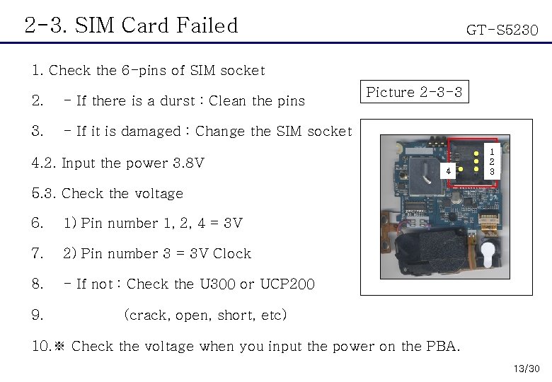 2 -3. SIM Card Failed GT-S 5230 1. Check the 6 -pins of SIM