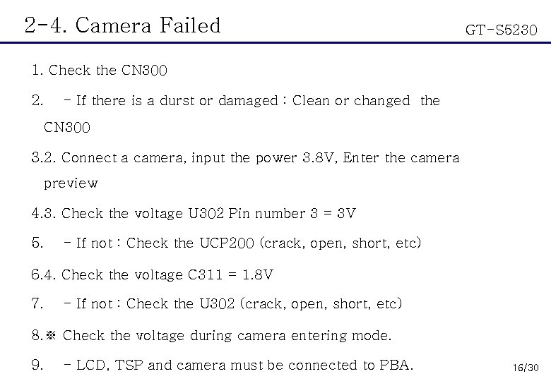 2 -4. Camera Failed GT-S 5230 1. Check the CN 300 2. - If