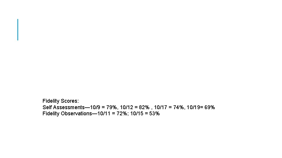 Fidelity Scores: Self Assessments— 10/9 = 79%, 10/12 = 82% , 10/17 = 74%,