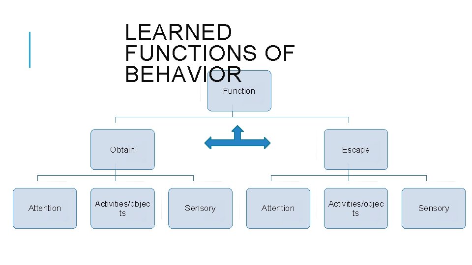 LEARNED FUNCTIONS OF BEHAVIOR Function Obtain Attention Activities/objec ts Escape Sensory Attention Activities/objec ts