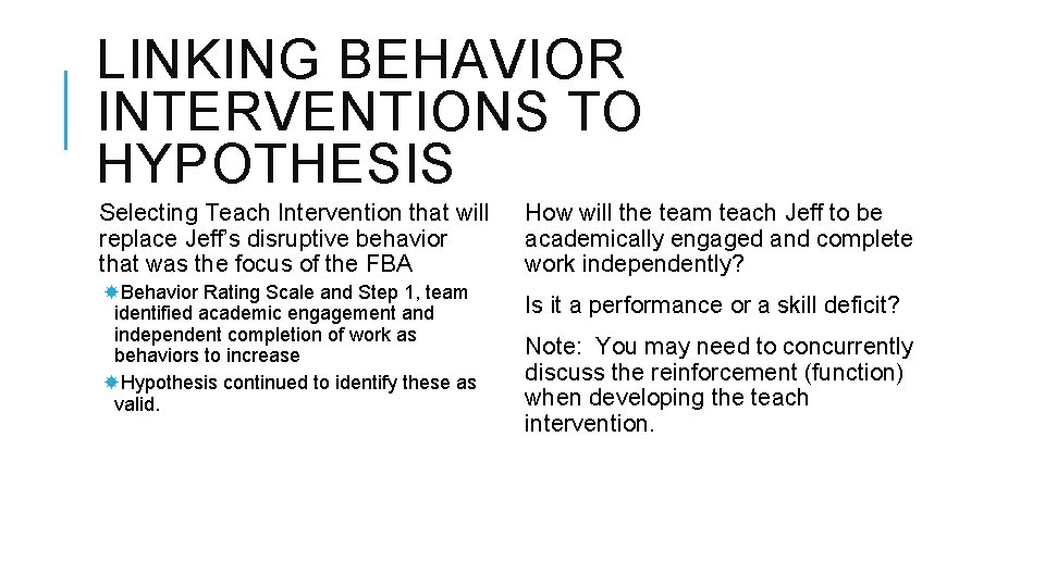 LINKING BEHAVIOR INTERVENTIONS TO HYPOTHESIS Selecting Teach Intervention that will replace Jeff’s disruptive behavior