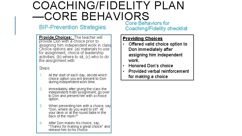 COACHING/FIDELITY PLAN —CORE BEHAVIORS Core Behaviors for BIP-Prevention Strategies Provide Choices: The teacher will
