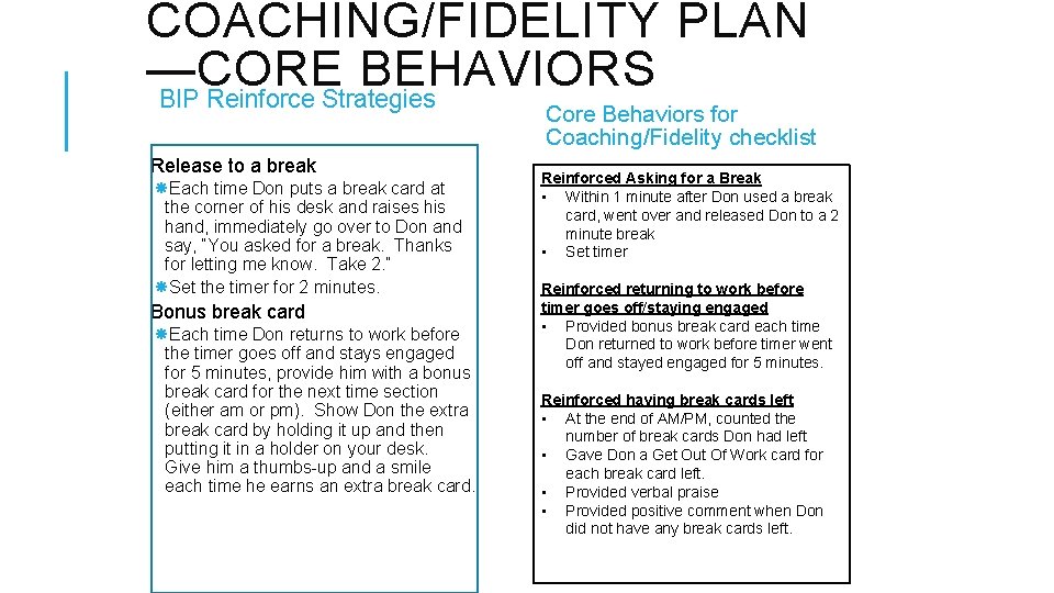 COACHING/FIDELITY PLAN —CORE BEHAVIORS BIP Reinforce Strategies Core Behaviors for Coaching/Fidelity checklist Release to
