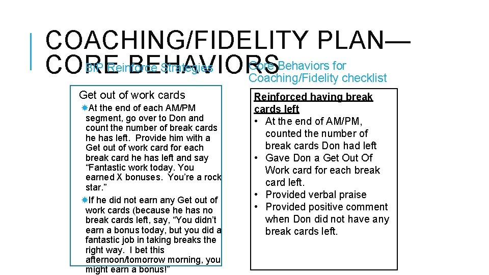 COACHING/FIDELITY PLAN— Core Behaviors for BIP Reinforce Strategies CORE BEHAVIORS Coaching/Fidelity checklist Get out