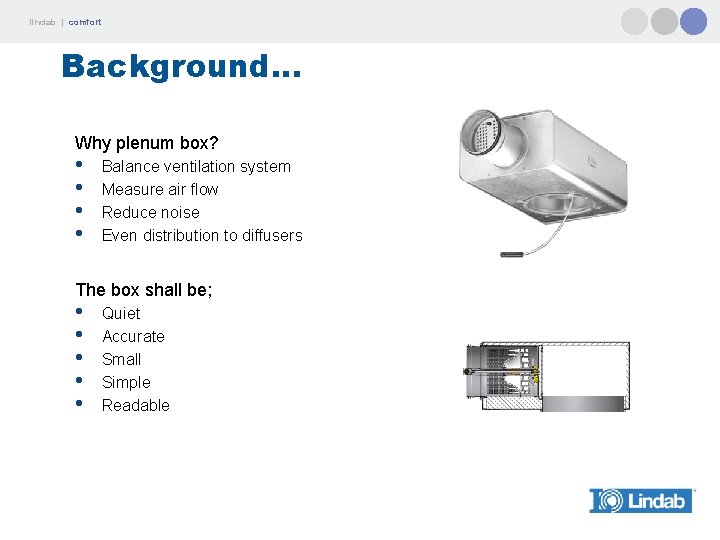 lindab | comfort Background. . . Why plenum box? • • Balance ventilation system